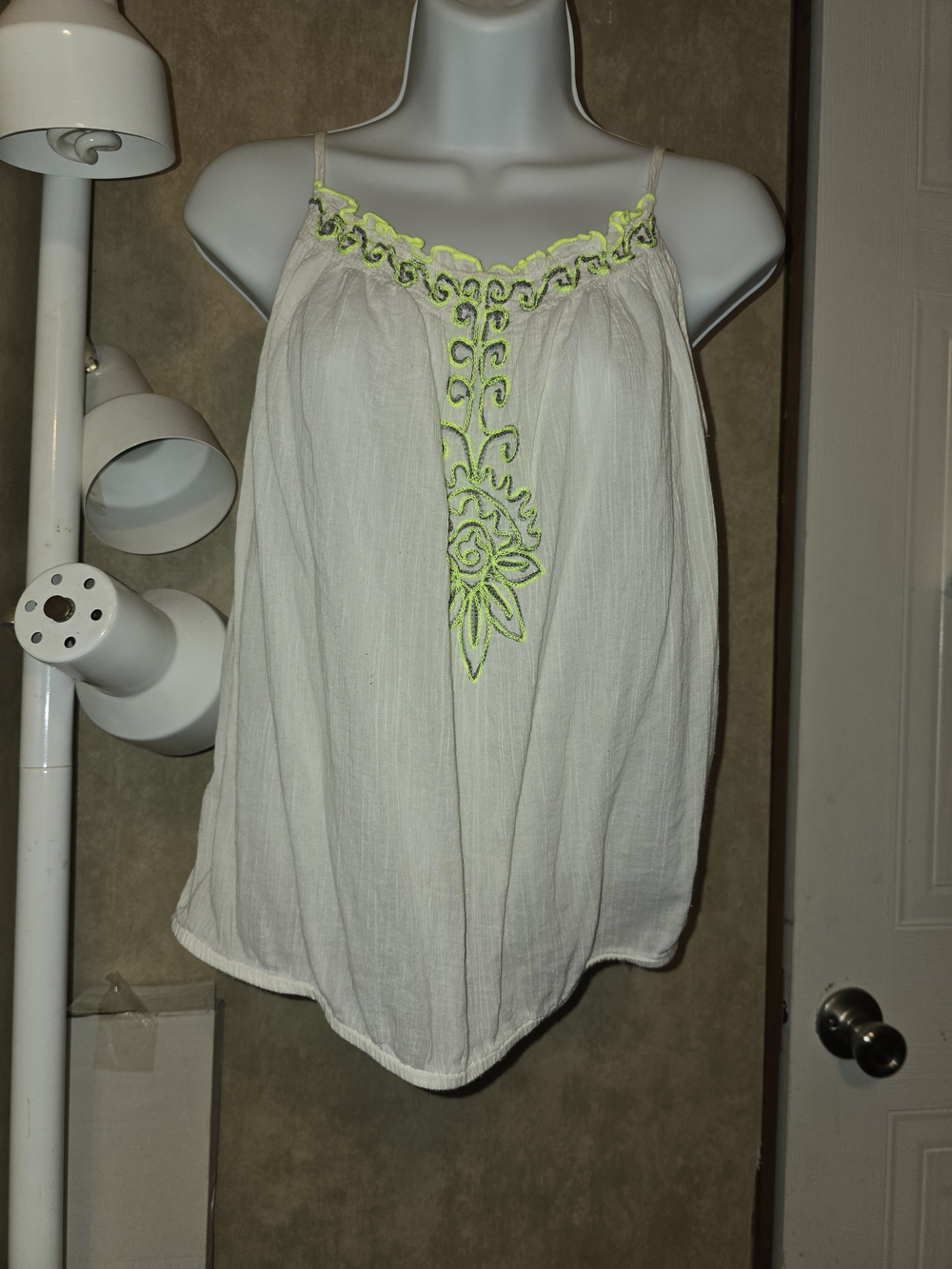 Old Navy White Cami with Neon Lime Embroidery